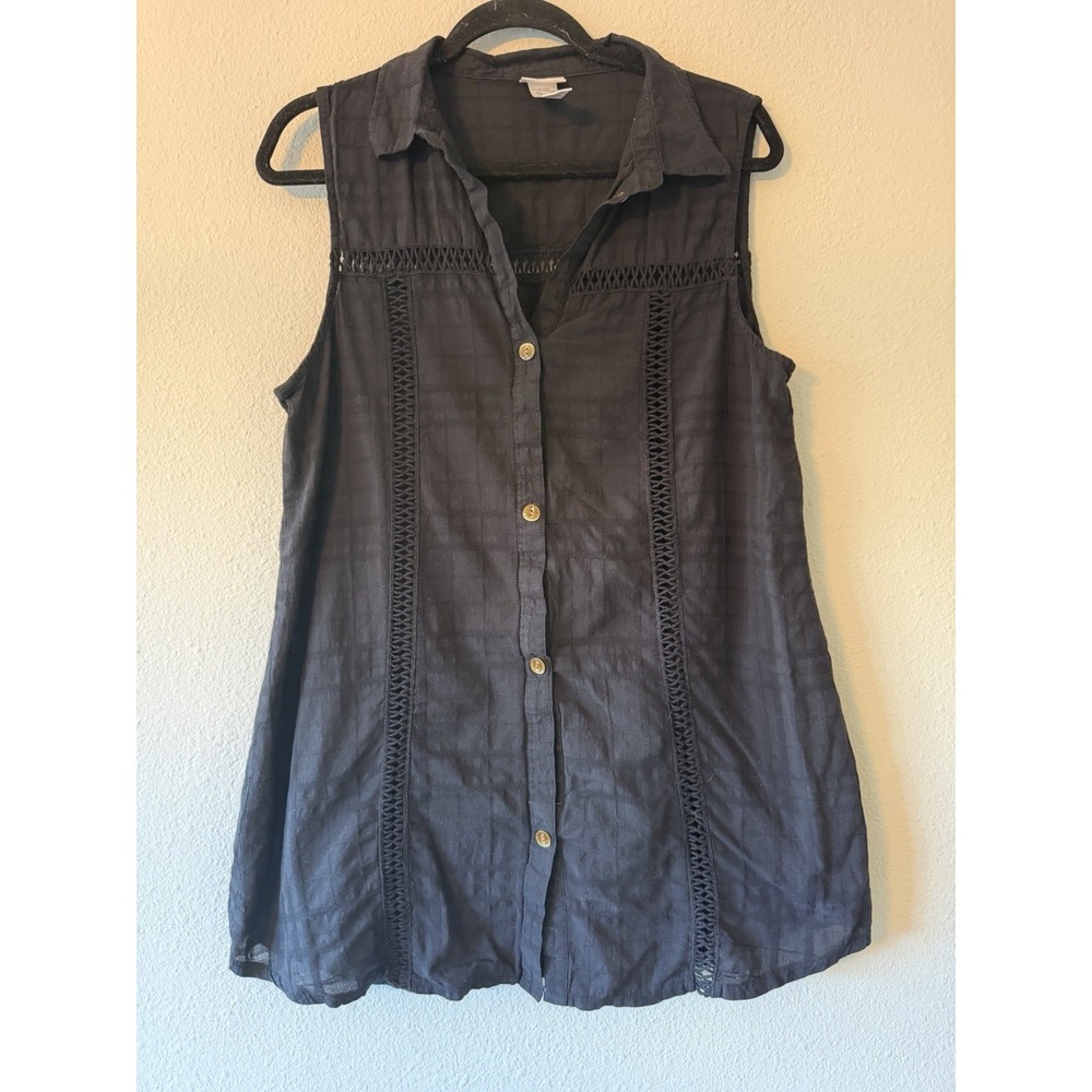 Dotti Women's LargeSleeveless Button Up  Tank Top Collared Black Buisness Casual